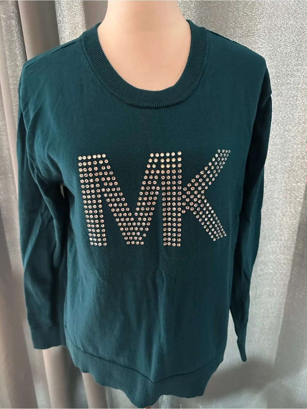 Michael Kors Women’s M Teal Rhinestone MK Logo Lightweight Knit Sweater Top